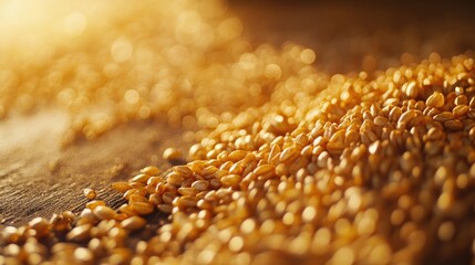 Aufkleber - Golden wheat grains scattered on a rustic wooden table with warm reflections and soft lighting for a premium food concept