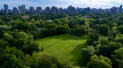 Aufkleber - Aerial View of Lush Green Park Surrounded by Tall City Buildings under a Bright Sky : Generative AI