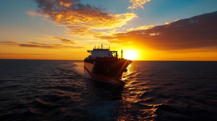 Poster - Majestic cargo ship sailing into a vibrant sunset reflecting on calm ocean waters : Generative AI