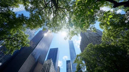 Poster - Urban jungle view from below with skyscrapers and green trees on a sunny day : Generative AI