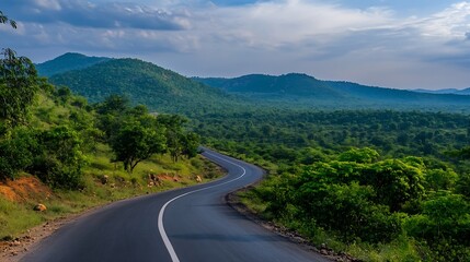 Poster - Curvy road leading through lush green hills and vibrant nature under a blue sky : Generative AI