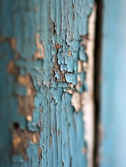 Poster - Close up of weathered blue wood texture showcasing peeling paint and natural decay patterns : Generative AI