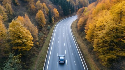 Poster - Aerial View of a Curvy Road Surrounded by Vibrant Autumn Foliage in a Scenic Landscape : Generative AI