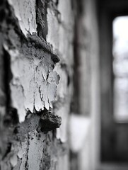 Poster - Closeup of cracked and peeling wall revealing layers of texture and history in a muted setting : Generative AI