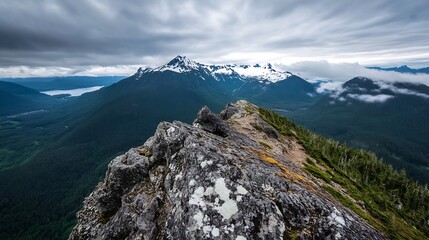 Aufkleber - A breathtaking panoramic view of mountains shrouded in clouds from a rocky mountain peak : Generative AI