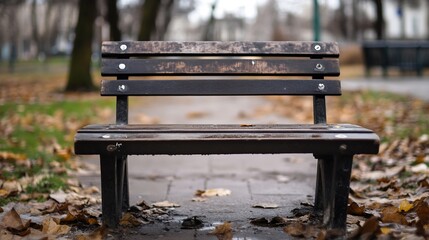 Poster - Wooden bench covered in autumn leaves in a park creating a tranquil and peaceful outdoor setting : Generative AI