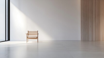 Poster - Minimalist interior featuring a single wooden chair in an empty modern room : Generative AI