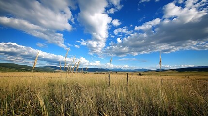 Poster - Breathtaking landscape with golden grass fields under a vibrant blue sky and dramatic cloud formations : Generative AI