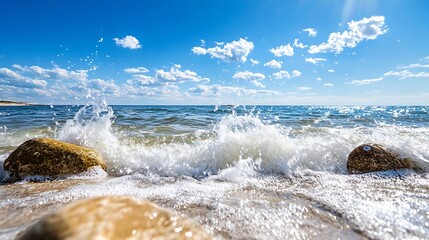 Leinwandbilder - Dynamic view of ocean waves crashing over rocky shore under bright blue sky with fluffy clouds : Generative AI