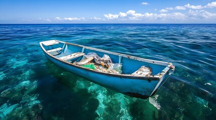 Aufkleber - Abandoned boat floating in clear turquoise waters creating an eyecatching oceanic image : Generative AI