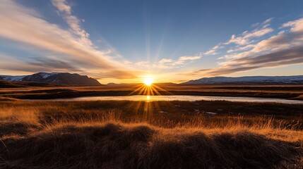 Poster - Golden sun rays burst over peaceful landscape creating an enchanting scene at sunrise by the lake : Generative AI