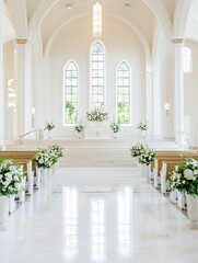 Poster - Stunning Interior of a Modern Church with Bright Windows and Elegant Floral Decorations : Generative AI