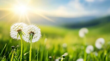 Aufkleber - Dandelion seeds illuminated by sunlight on a lush grassy meadow : Generative AI