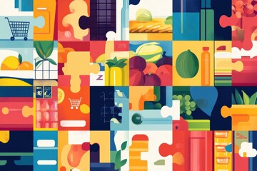 Fototapete - Groceries form a vibrant puzzle illustrating a complete shopping experience with modern colors and fresh produce