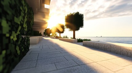 Aufkleber - Charming seaside promenade during sunset with trees casting shadows along the walkway as the sun descends : Generative AI