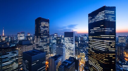 Leinwandbilder - Stunning cityscape at dusk highlighting tall skyscrapers against a vibrant sunset skyline in urban metropolis : Generative AI