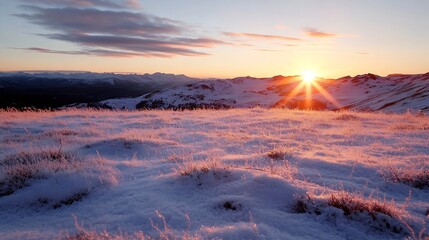 Fototapete - Stunning sunrise over snow covered hills showcasing nature's beauty in winter : Generative AI