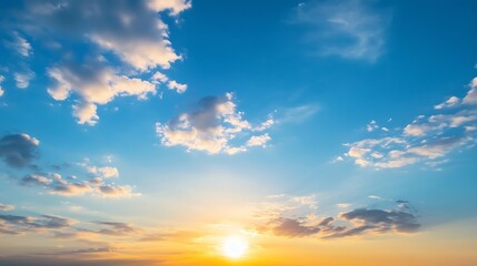 Aufkleber - Breathtaking sunset with a clear blue sky and fluffy clouds bringing warmth and tranquility to the evening : Generative AI