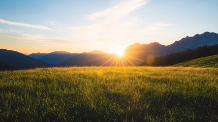 Poster - Golden sunset illuminating a peaceful meadow with mountains in the background : Generative AI