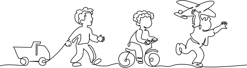 Wall Mural - happy boys playing toy airplane, bicycle, truck. continuous one line drawing.