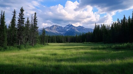 Poster - Breathtaking Mountain View Surrounded by Lush Green Fields and Pine Trees : Generative AI