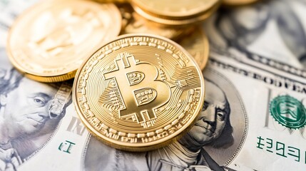 Poster - Closeup of Bitcoin coins stacked on US dollar bills showcasing cryptocurrency : Generative AI