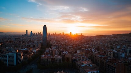 Poster - Stunning city skyline during sunset with sunlight casting warm tones over urban architecture : Generative AI