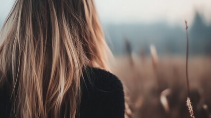 Poster - Woman with flowing hair looking contemplatively over a field during golden hour for reflective moments : Generative AI