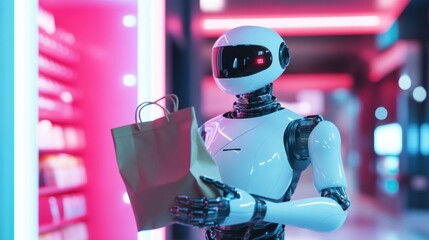 Aufkleber - Friendly futuristic delivery robot hands over a grocery bag in a modern cyberpunk setting with smooth lighting and reflections