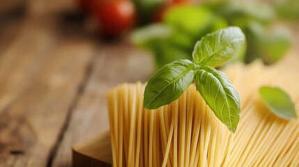 Poster - Delicious raw pasta noodles garnished with fresh basil leaves on a wooden kitchen table : Generative AI