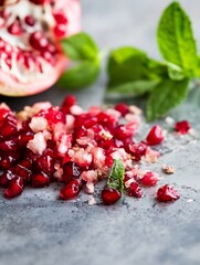Poster - Fresh pomegranate seeds and bright green mint leaves on a rustic background for healthy culinary recipes : Generative AI