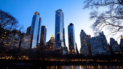 Poster - City skyline at dusk with illuminated skyscrapers and calm water reflection : Generative AI