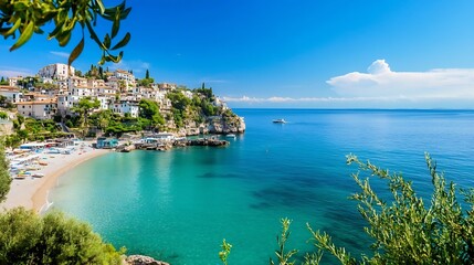 Aufkleber - Stunning Coastal View of a Serene Beach Surrounded by Houses and Clear Water : Generative AI