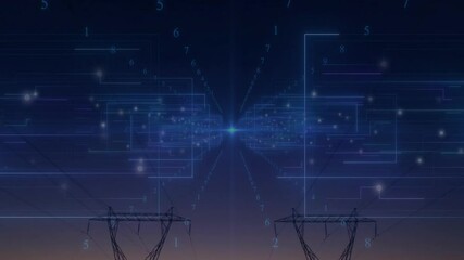 Poster - Digital network and data processing animation over power lines at dusk