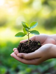 Aufkleber - Hands gently cradling a young green plant symbolizing growth and sustainability in nature : Generative AI