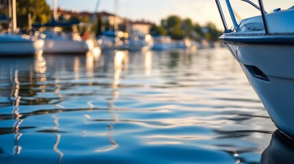 Fototapete - Beautiful waterfront scene with boats reflecting in calm water at sunrise : Generative AI