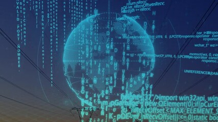Poster - Animation of digital globe with binary code over power lines at sunset