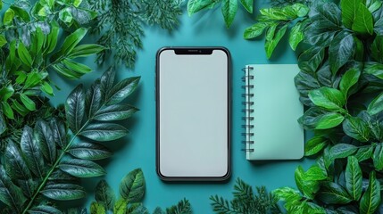 ecological phone display with nature leaves frame and notepad on blue table