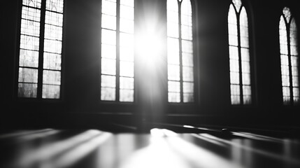 Leinwandbilder - Beautiful sunlight shines through stained glass windows creating a dramatic atmosphere in an old building : Generative AI