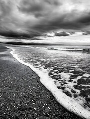Aufkleber - Dramatic black and white scene of waves crashing on a rocky shoreline under dark clouds : Generative AI