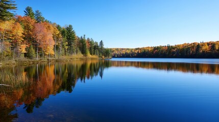 Poster - Stunning autumn landscape reflecting colorful foliage on calm waters of a serene lake surrounded by trees : Generative AI