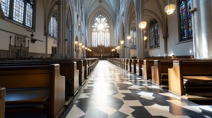 Poster - Interior view of a majestic church with large stained glass windows illuminating the pews and beautiful architecture : Generative AI