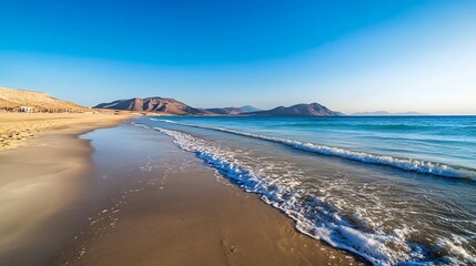 Aufkleber - Stunning beach view with gentle waves lapping on sandy shore under a bright blue sky : Generative AI