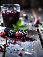 Aufkleber - Delicious berry juice in a glass surrounded by fresh berries on rustic wooden table : Generative AI