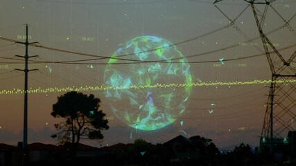 Poster - Digital globe and data animation over power lines and evening sky