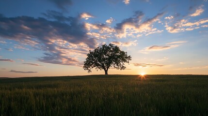 Poster - Majestic lone tree silhouetted against a stunning sunset over green pasture : Generative AI