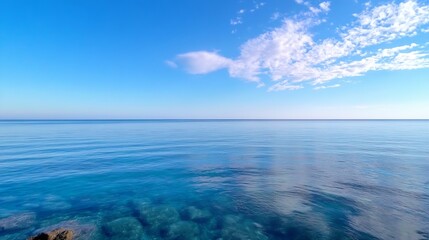 Poster - Tranquil seascape with calm clear waters reflecting clouds and a serene blue sky above : Generative AI
