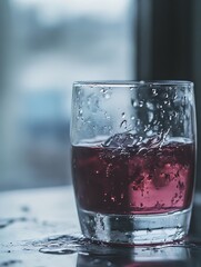 Poster - Refreshing close up of a glass filled with pink beverage showcasing splashes for summer vibes : Generative AI