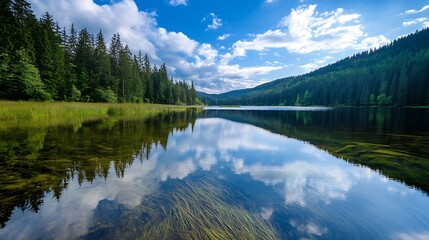Aufkleber - Picturesque lake reflecting lush green forest and the blue sky with fluffy clouds creating tranquility : Generative AI