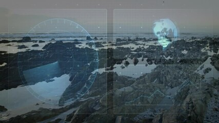 Poster - Digital interface with globe and radar animation over rocky coastal landscape